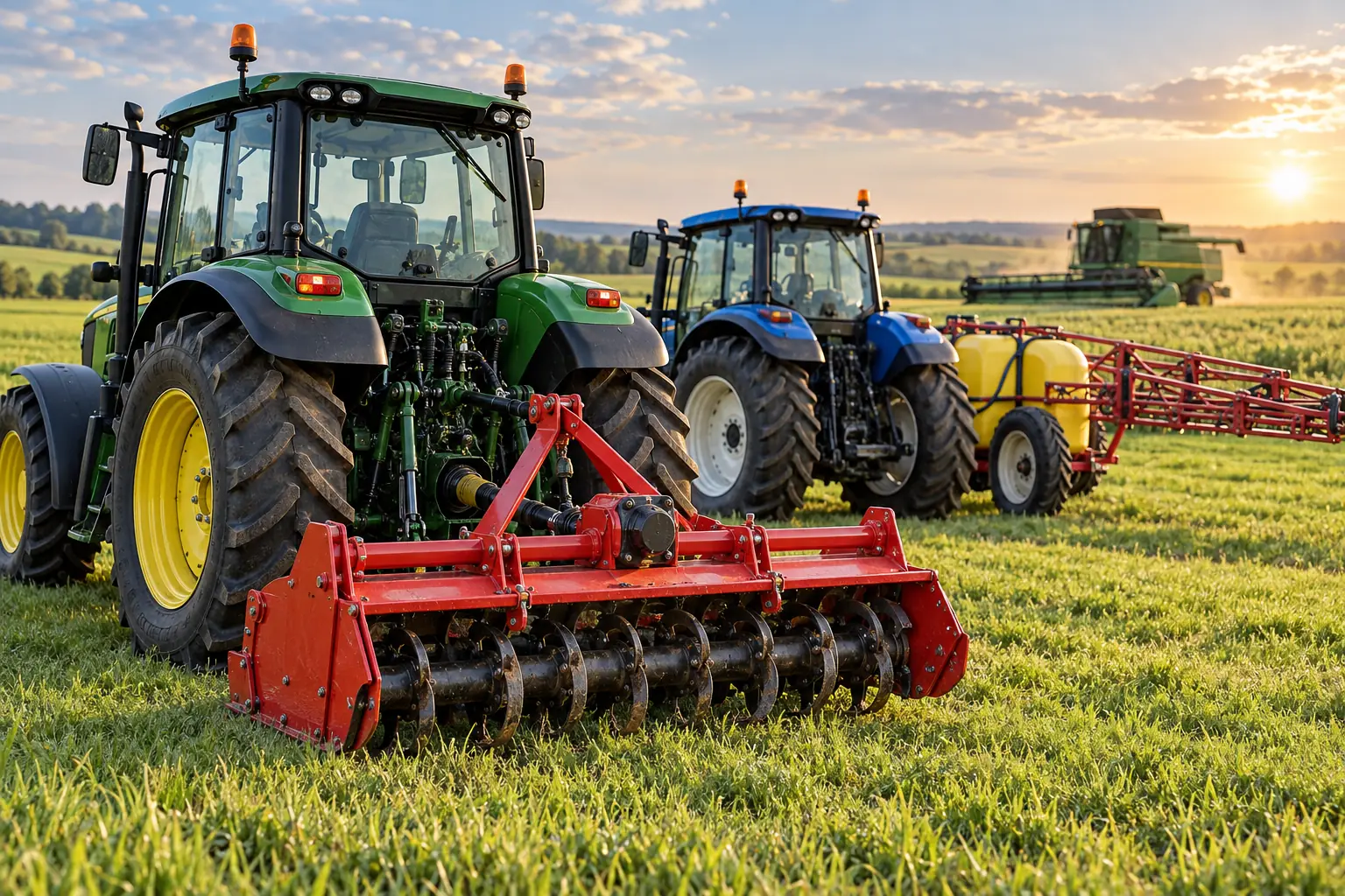 Two tractors with a rotary tiller and a boom sprayer, and a combine harvester, in a field at dusk