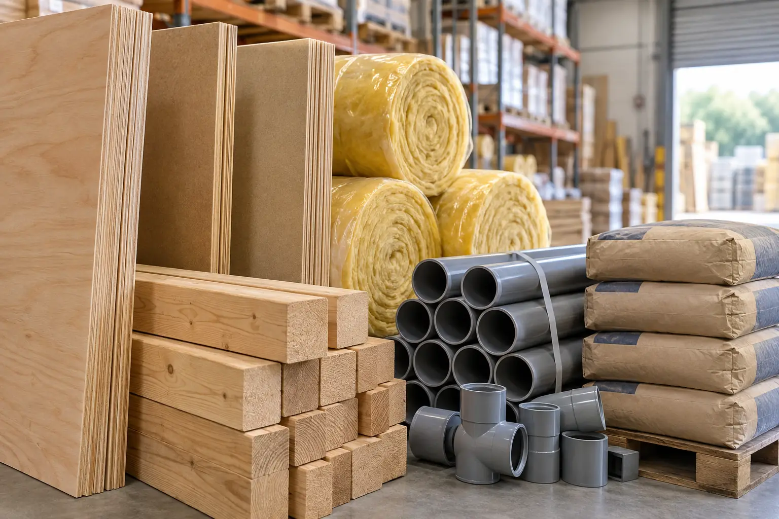Sheet ply and MDF, dressed timber, insulation rolls, PVC pipe and bagged cement in a builders yard