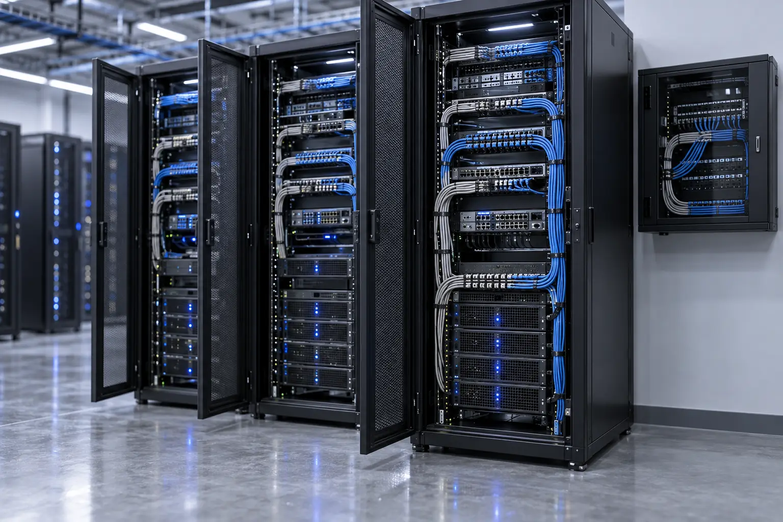 Open black server cabinets in a data room, patched with blue and grey network cable