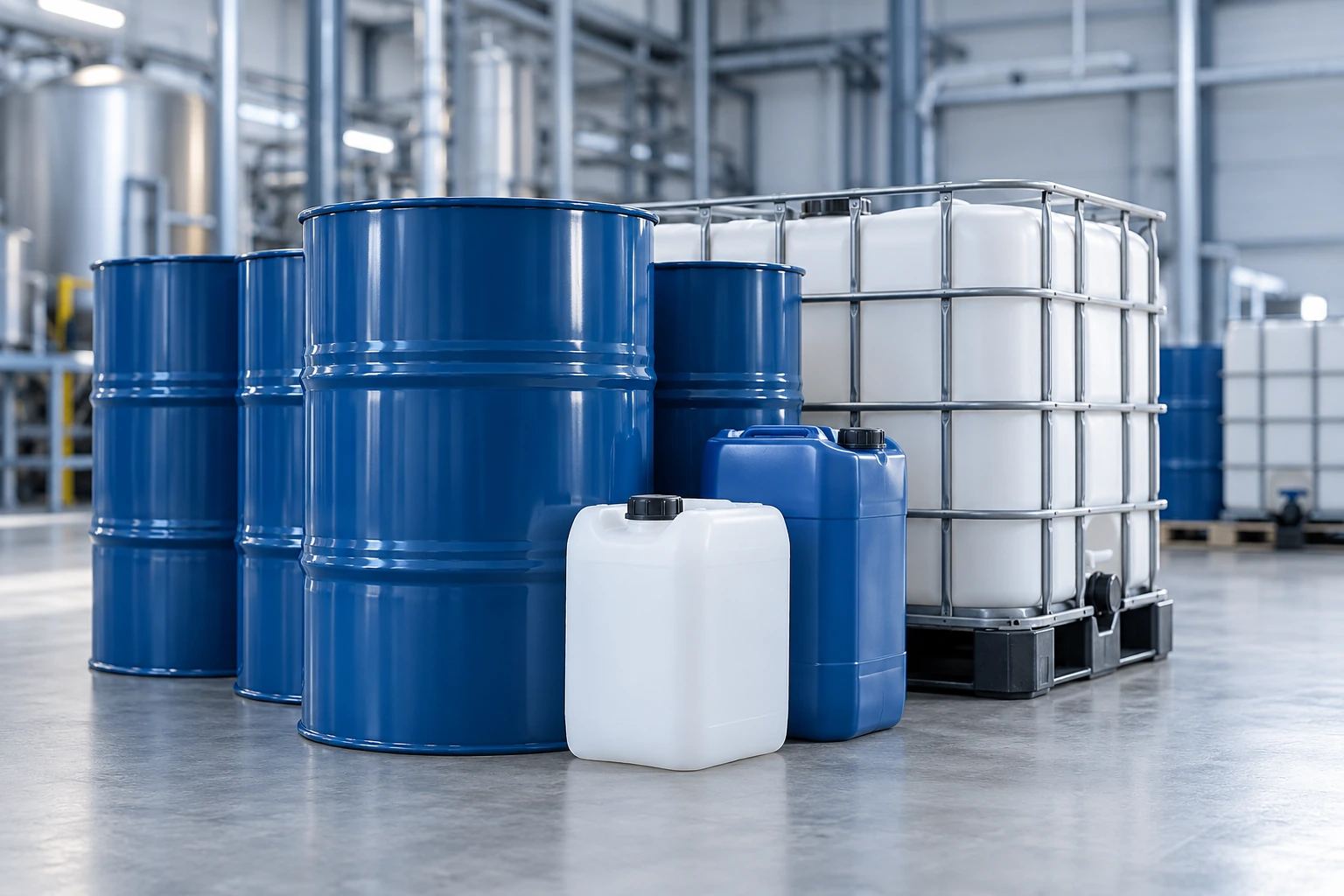 Blue steel drums, jerricans and a caged IBC tote in a chemical plant