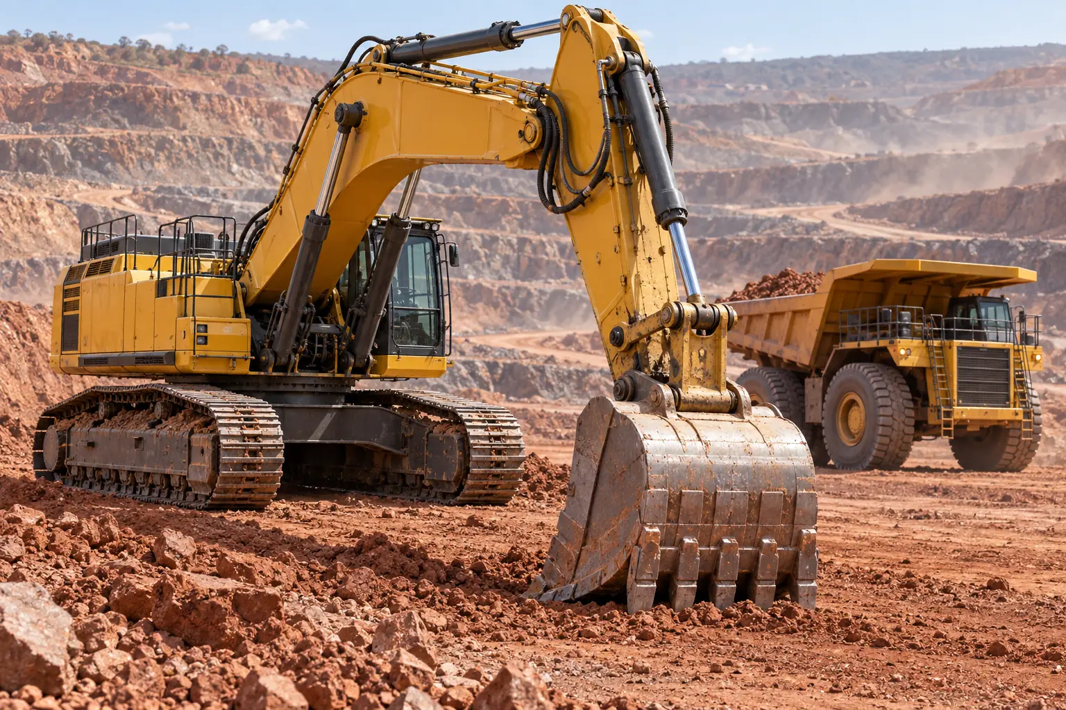 A tracked excavator and a rigid haul truck working an open-cut mine bench