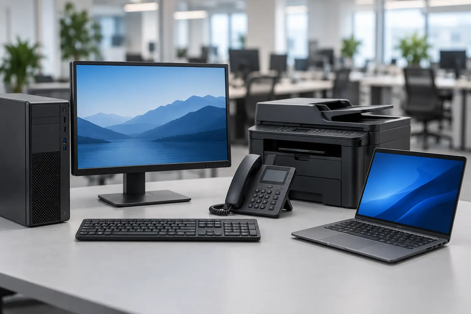 A desktop tower, monitor, keyboard, desk phone, multifunction printer and laptop on an office desk