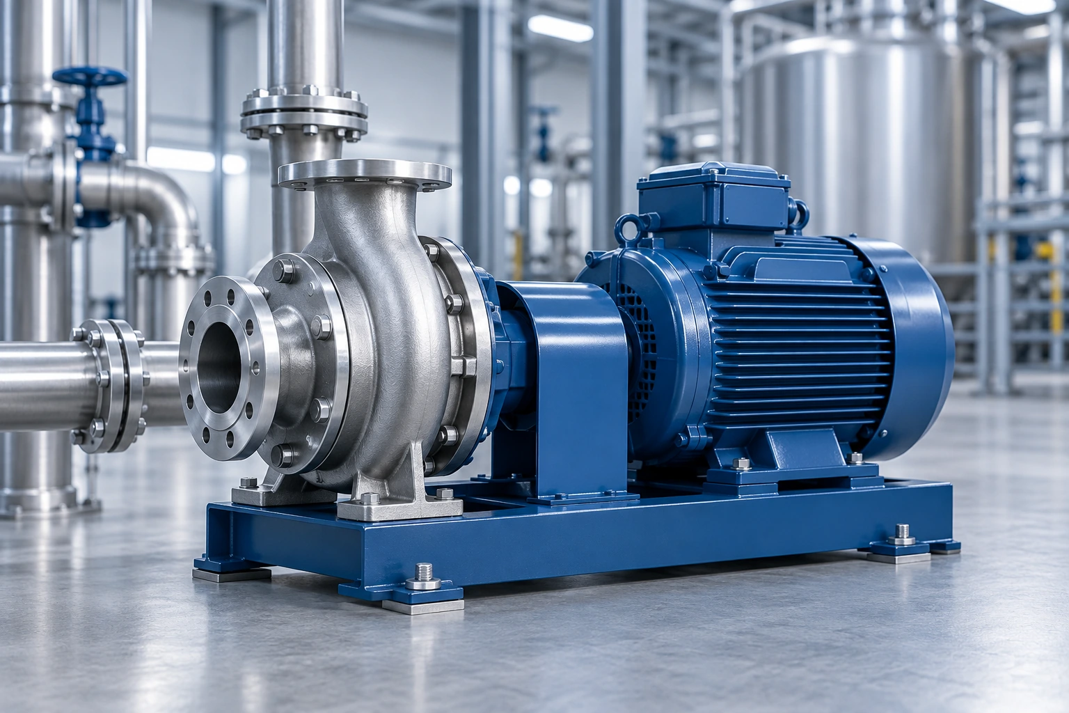 A stainless centrifugal process pump close-coupled to its motor on a baseplate
