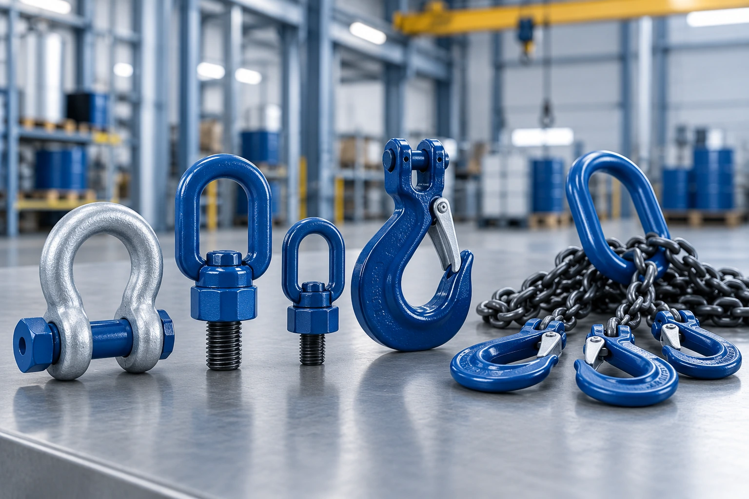 A bow shackle, swivel hoist rings, a clevis sling hook and a chain sling
