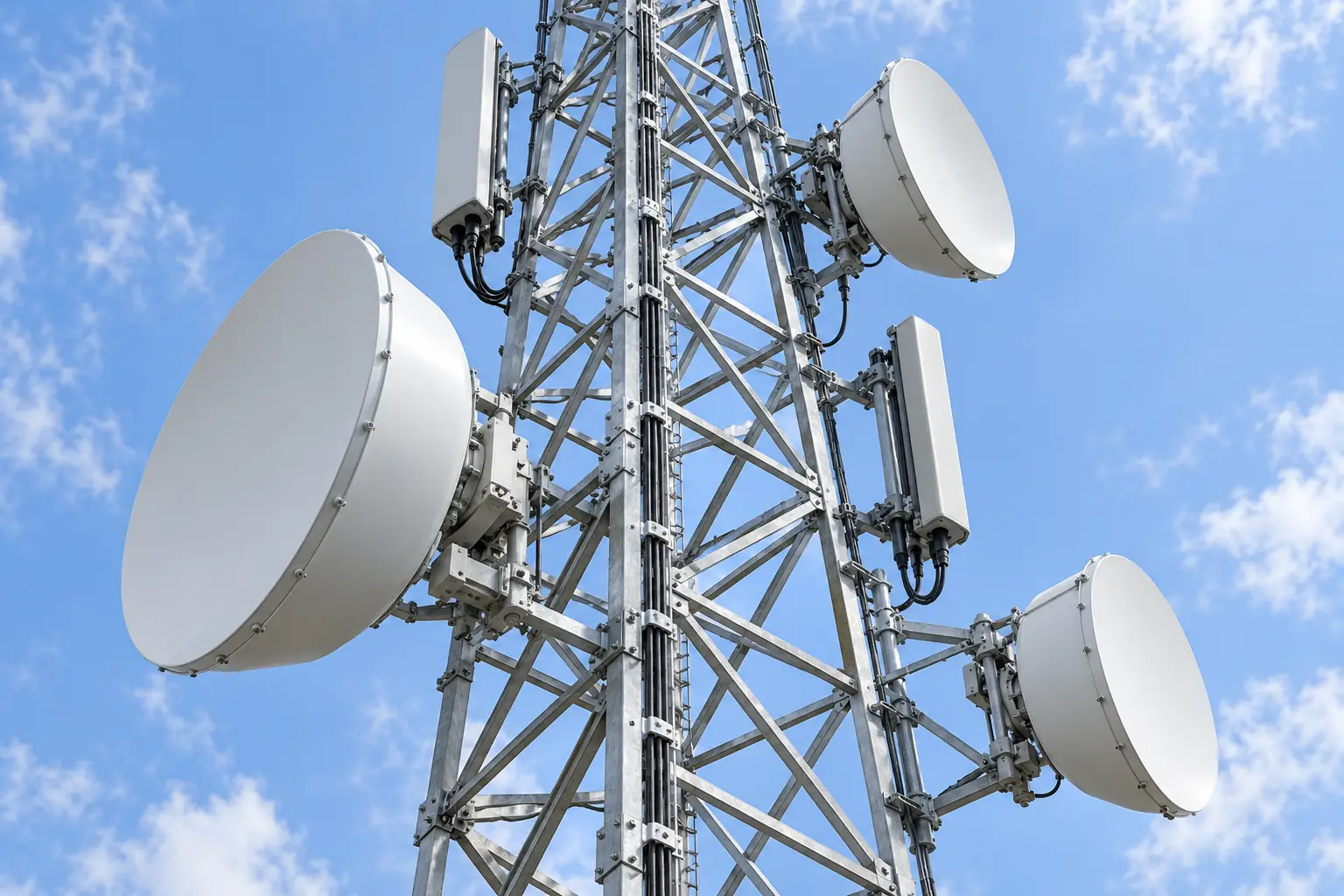 A galvanised lattice telecoms tower carrying microwave dish antennas and remote radio units