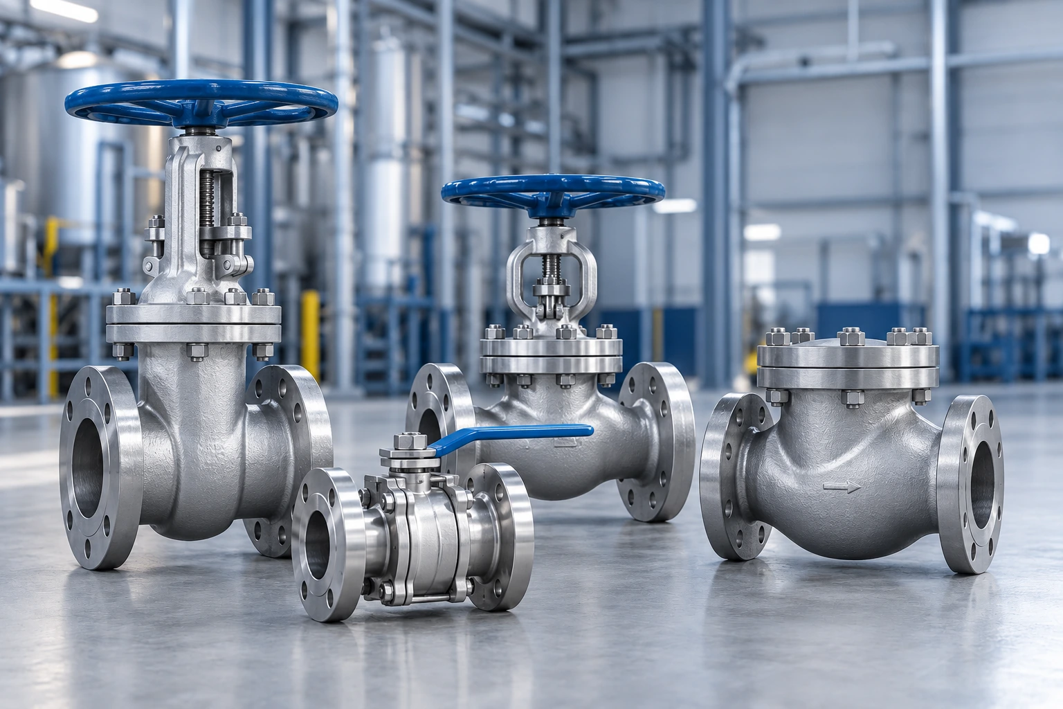 Flanged gate, globe, ball and swing check valves on a plant floor